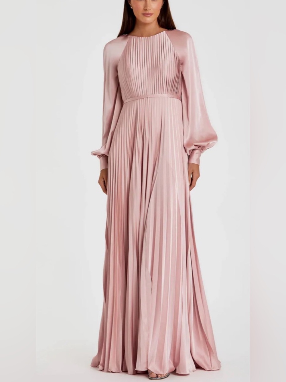 Mac Duggal 26590 Pink Pleated High Neck Raglan Long Sleeve with NO Side Slit